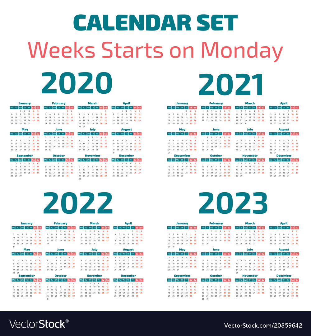 Simple 20202023 Years Calendar Royalty Free Vector Image intended for Calendrier Google Sheets 2022