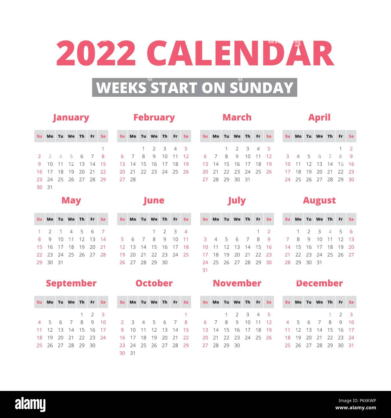 Simple 2022 Year Calendar, Week Starts On Sunday Stock Vector Image within Calendar By Calendar Week 2022