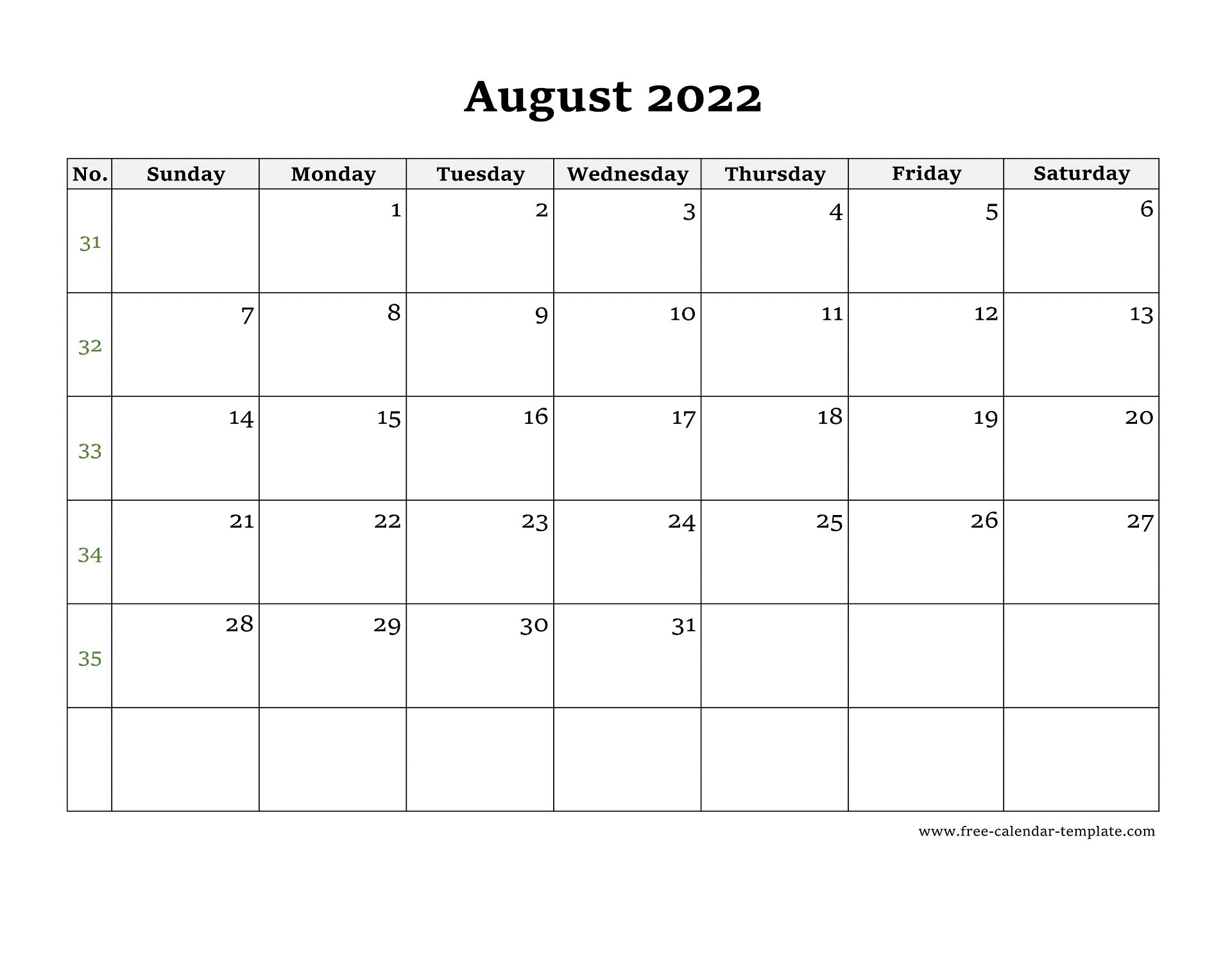 Simple August Calendar 2022 Large Box On Each Day For Notes. | Free within Printable August 2022 Calendar