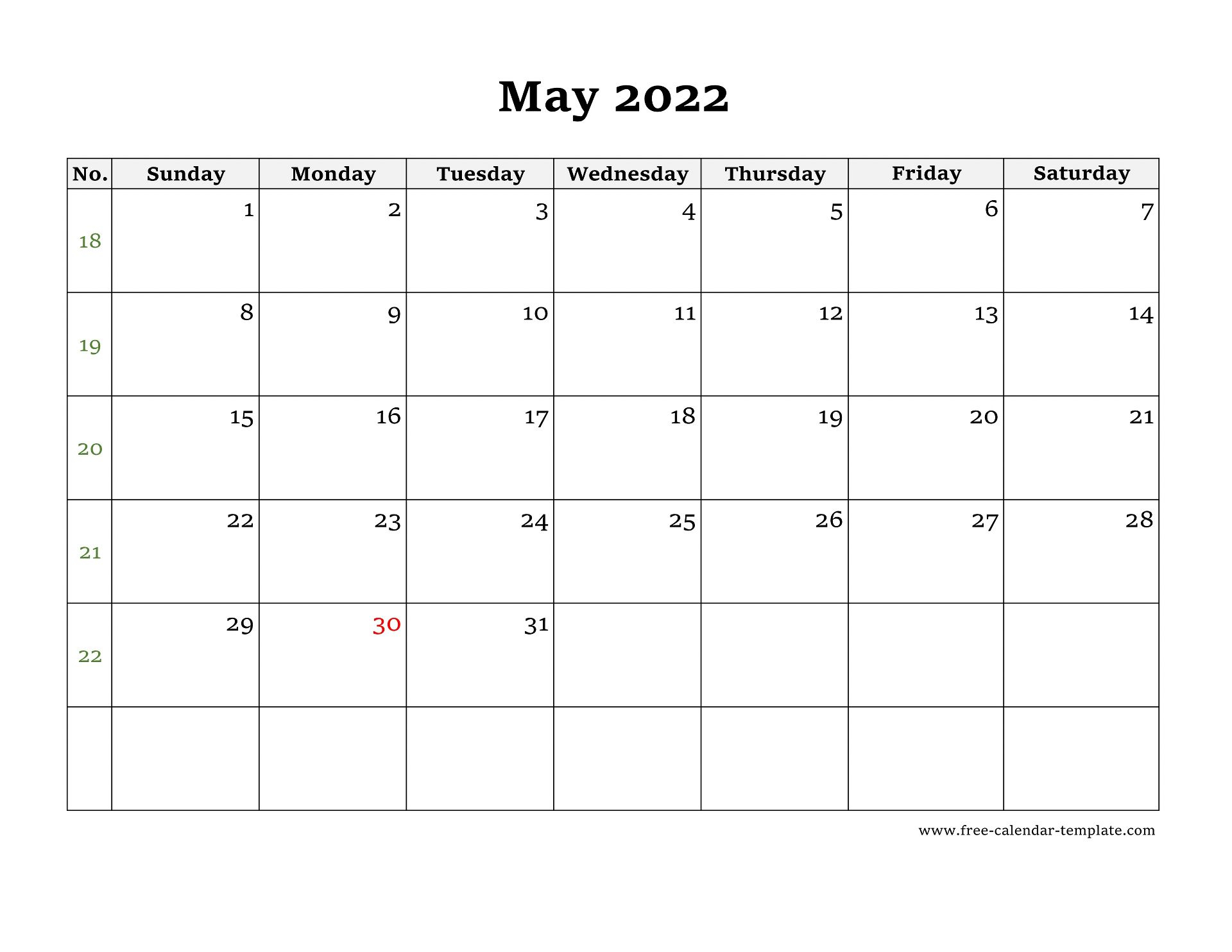 Simple May Calendar 2022 Large Box On Each Day For Notes. | Free throughout Large Free Printable 2022 Months