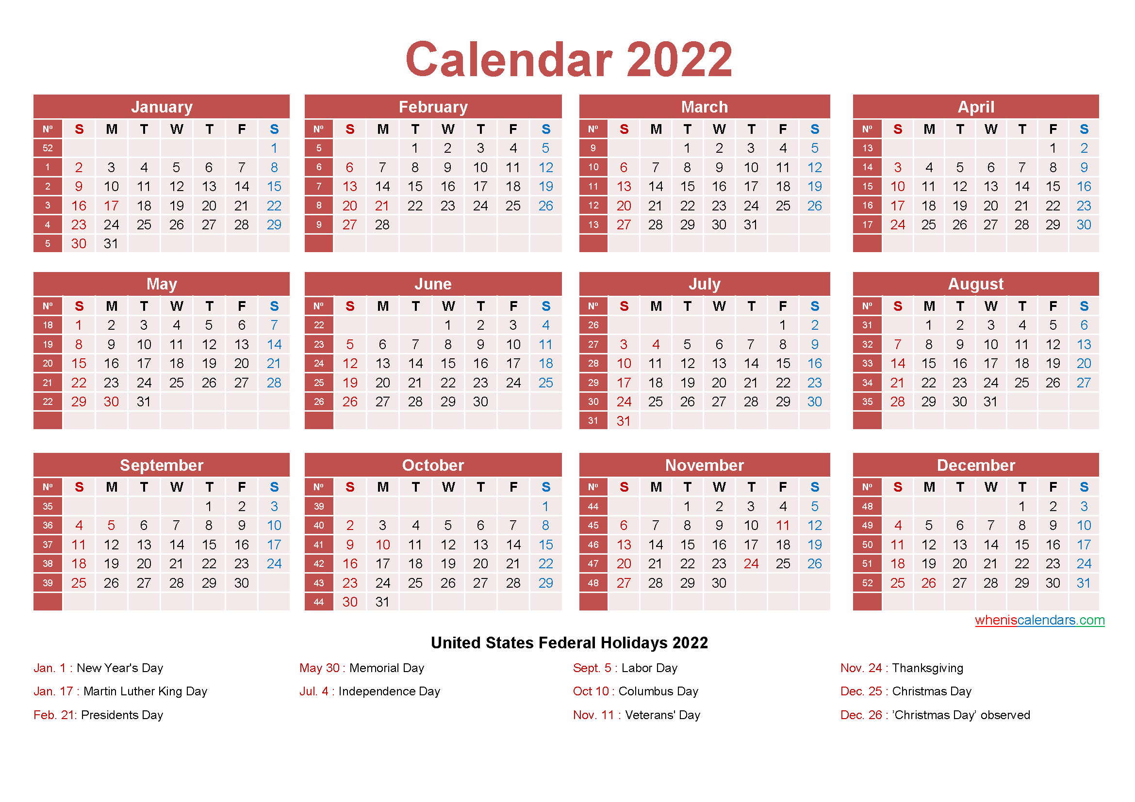Small Desk Calendar 2022 With Holidays throughout 2022 Calendar With Weeks