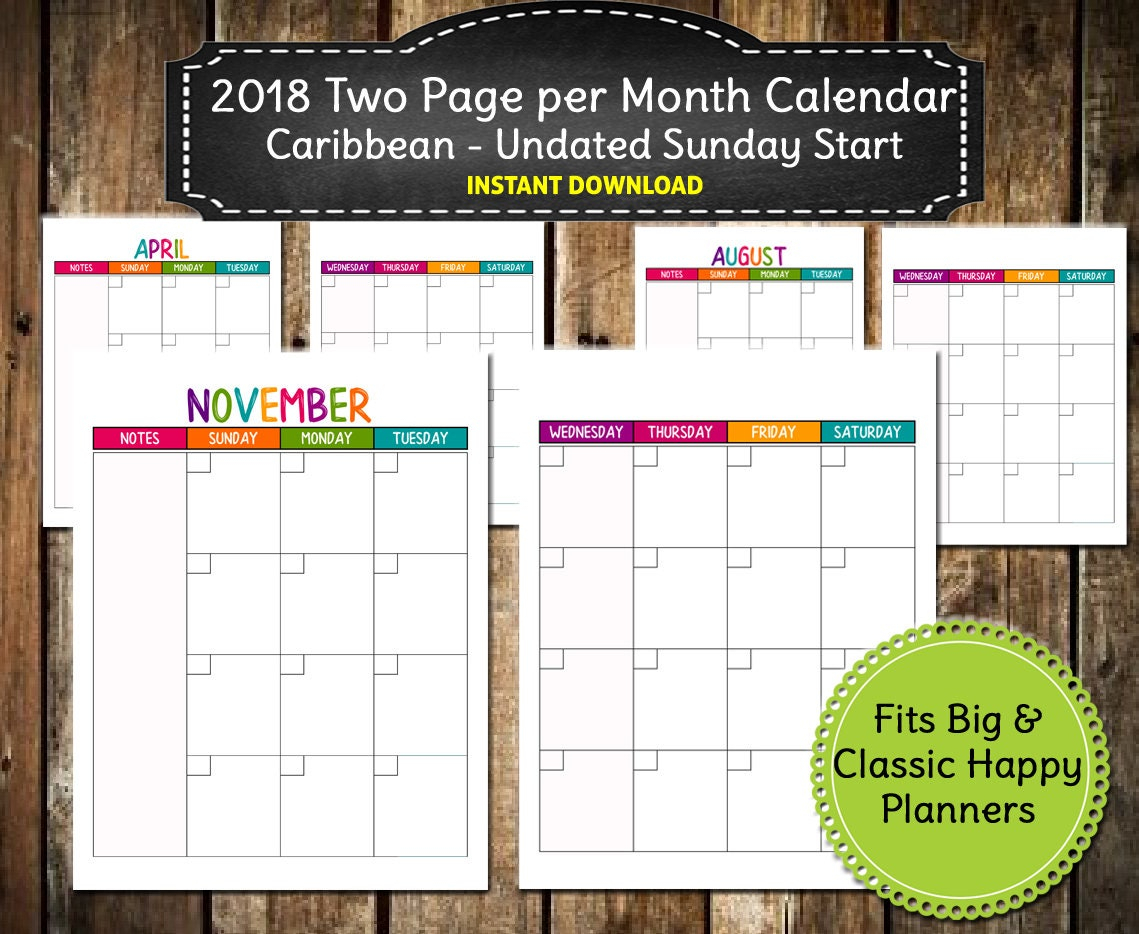 Undated Two Page Monthly Sunday Start Calendar Printable  | Etsy in Printable Calendars Starting With Sunday