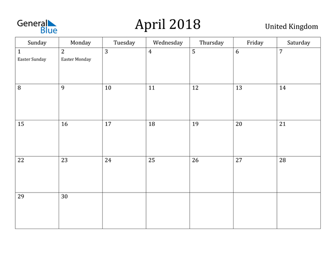 United Kingdom April 2018 Calendar With Holidays with regard to April 2023 Calendar Easter