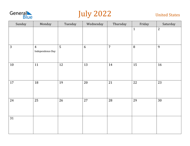 United States July 2022 Calendar With Holidays for Free Calendar Pdf States United