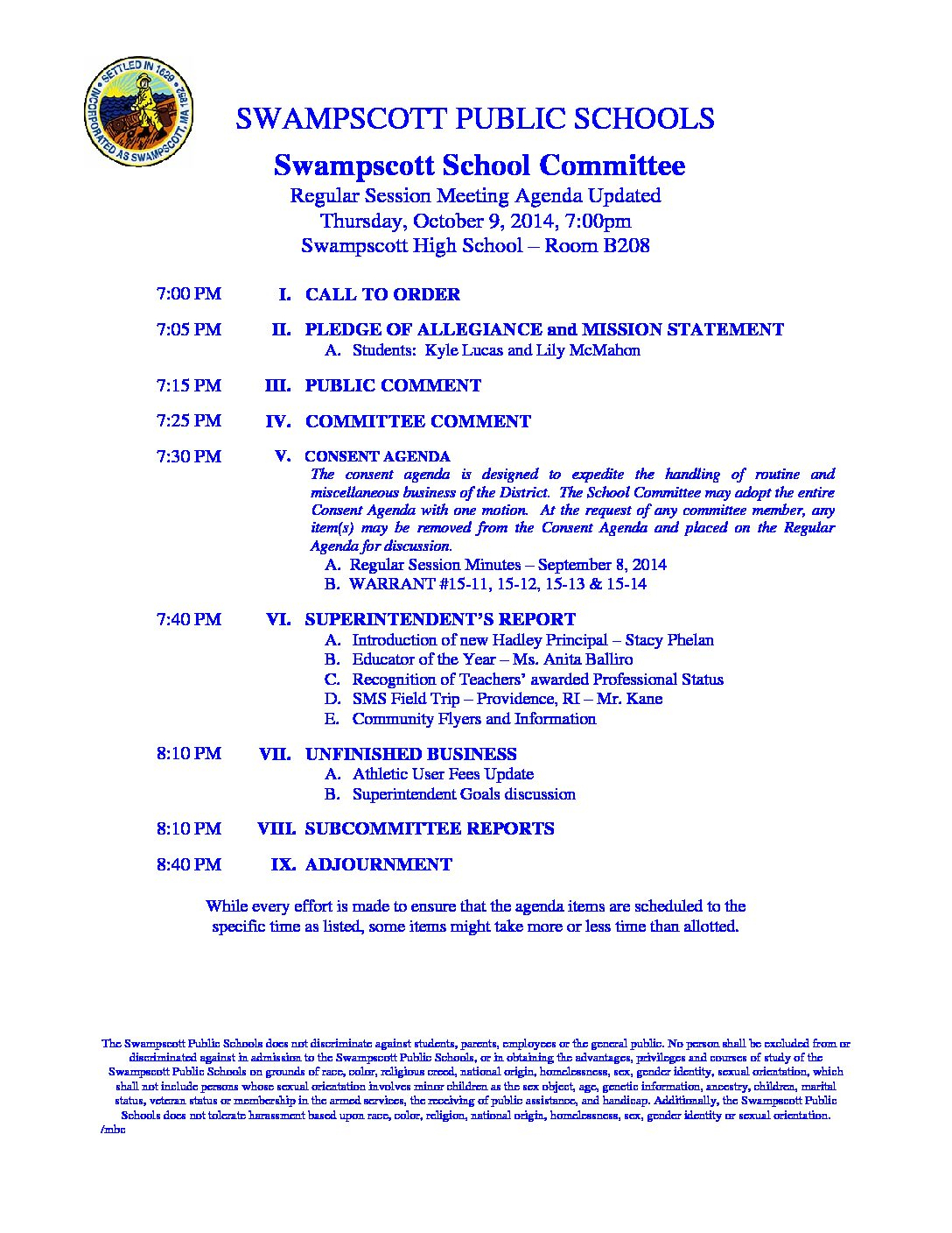 Updated Agenda 9Oct14 School Committee Meeting  Swampscott High School throughout Pdf Essex School Calender
