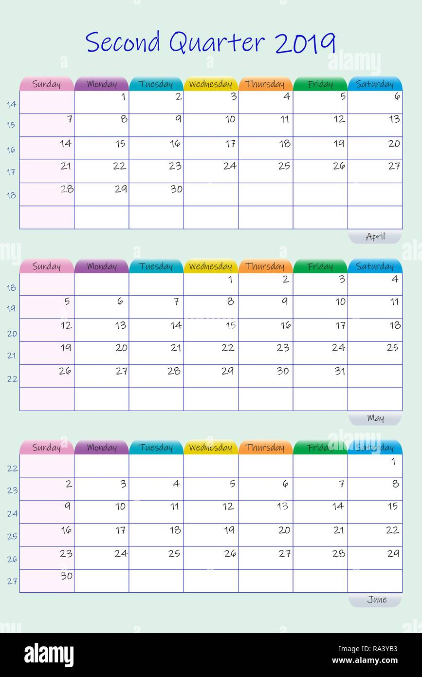 Vertical Calendar For Second Quarter Of 2019 Year With Weekly Planner regarding Sunday Start Pocket Ring Planner