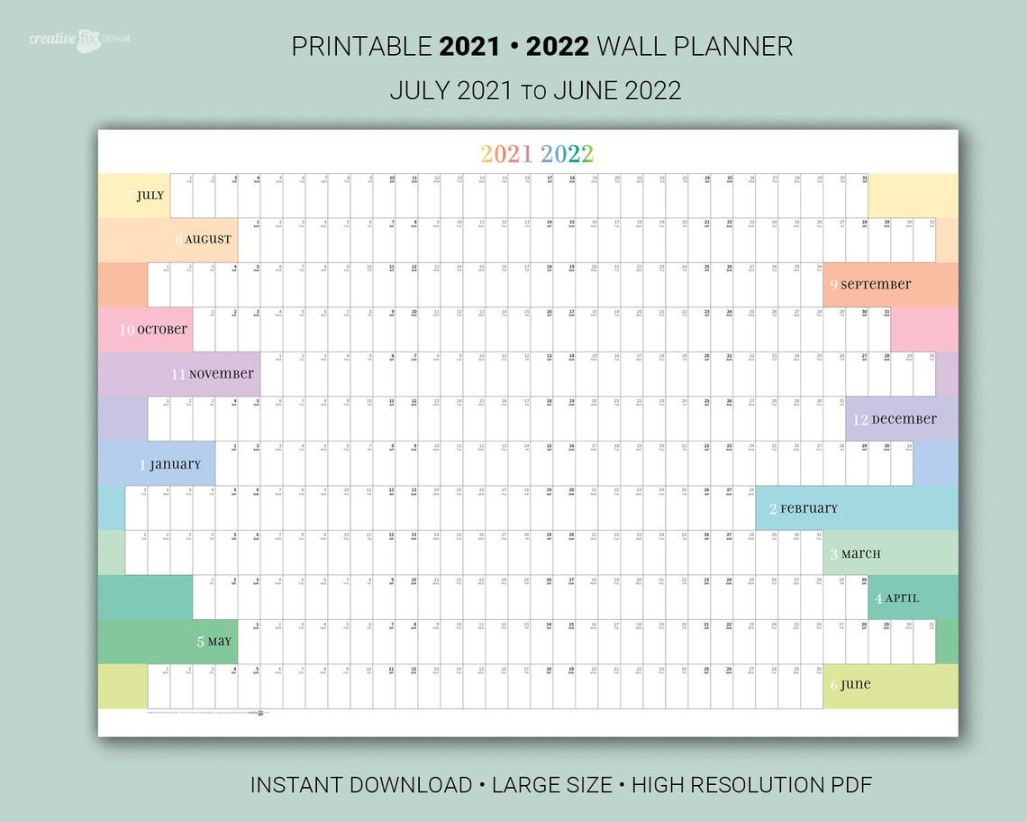 Wall Calendar July 2021 To June 2022. Printable Midyear Large | Etsy throughout Free Yearly Planner Wall Calendar
