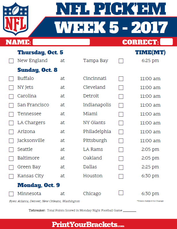Week 5 Nfl Schedule In Mountain Time Zone | Printable Nfl Schedule, Nfl Calendar, Nfl inside Free Printable Weekly Football Schedules