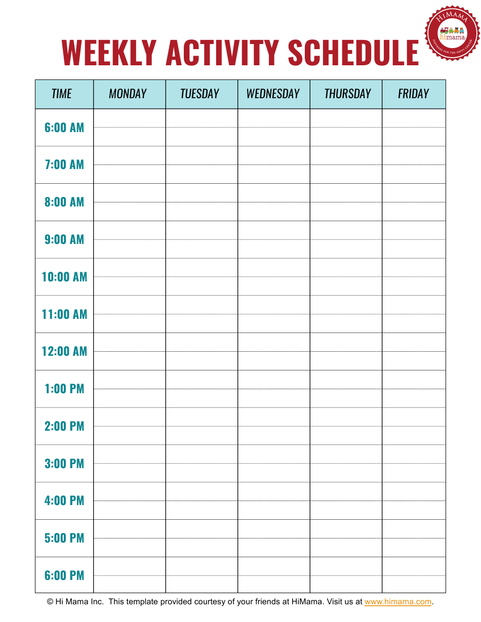 Weekly Activity Schedule Template  Monday To Friday  Hi Mama Download regarding On Monday To Friday