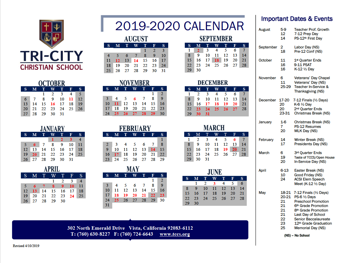 Year At A Glance Calendars  Tricity Christian School | Vista intended for At A Glance Calendars