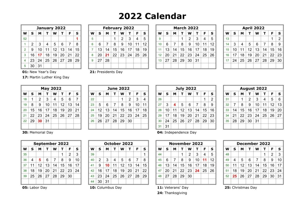 Yearly 2022 Calendar | Free Template Download intended for Calendar By Calendar Week 2022