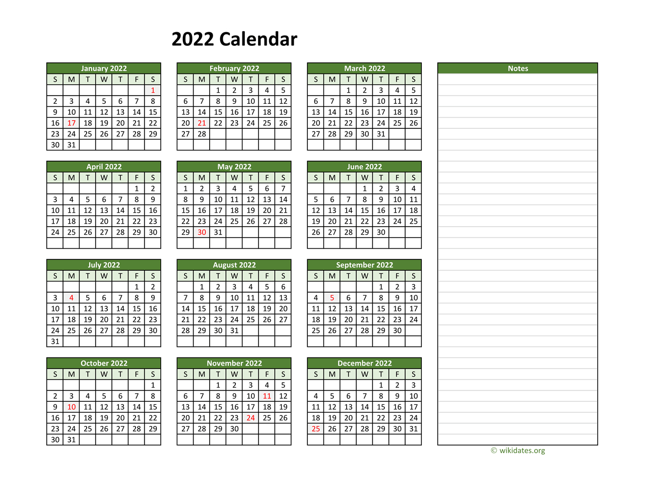 Yearly Printable 2022 Calendar With Notes | Wikidates intended for Next Year Calendar 2022