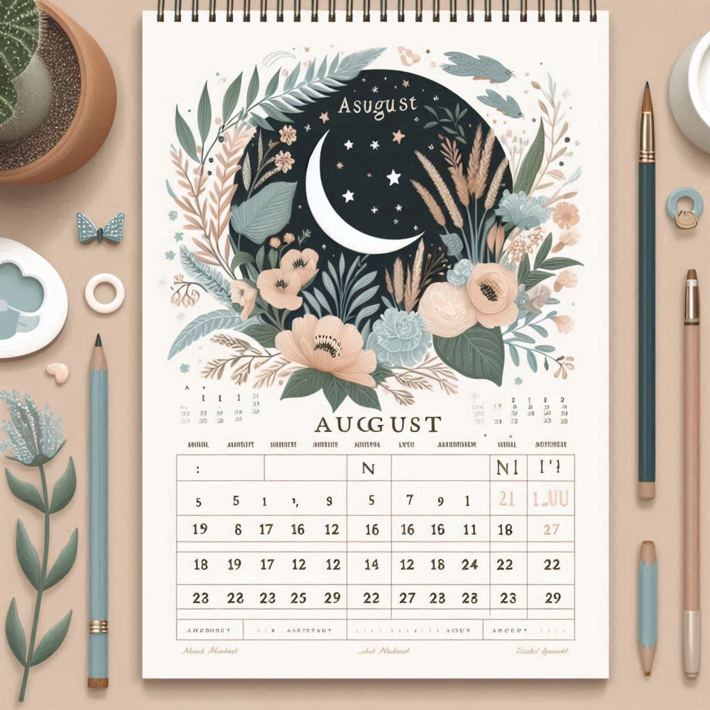 Art Printable August 2024 calendar with holidays and important dates included, using a calming color palette