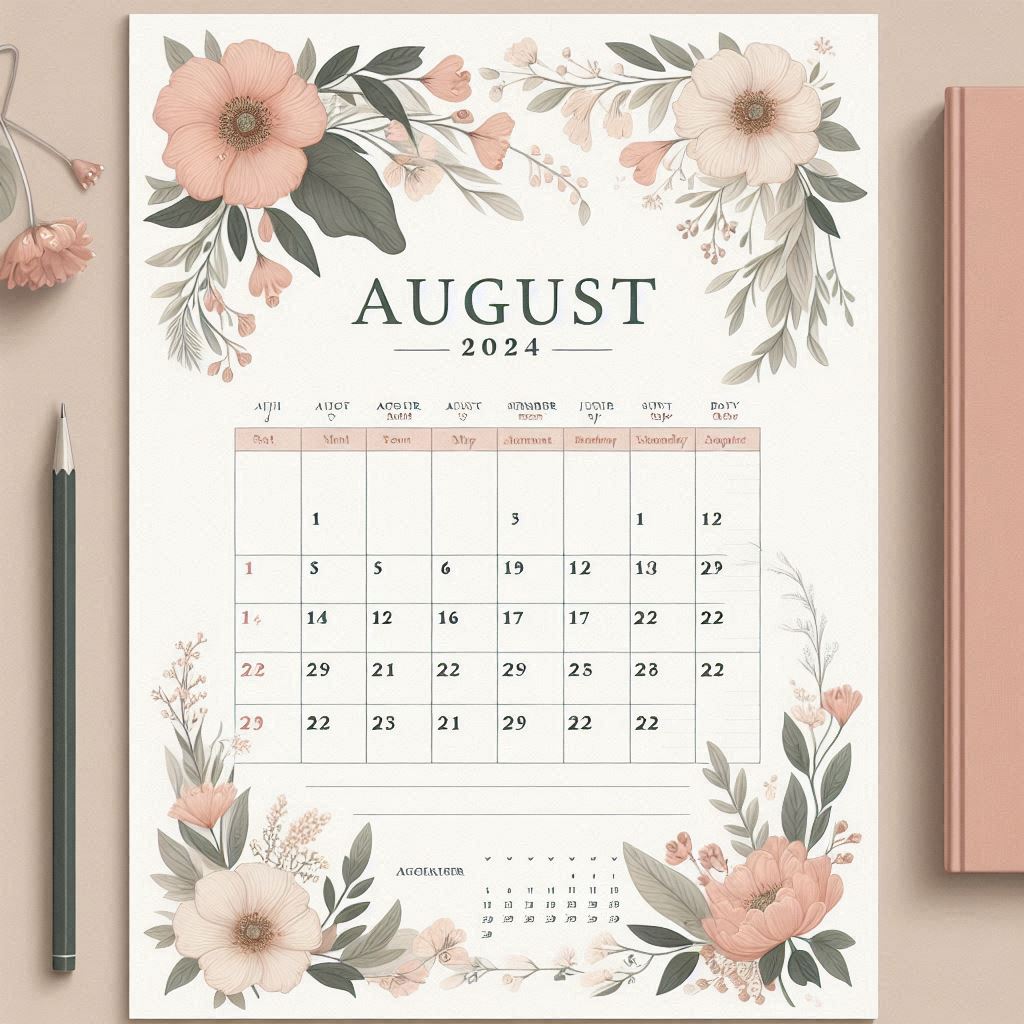 Creative Printable Calendar August 2024 with space for notes on each day and a subtle floral design