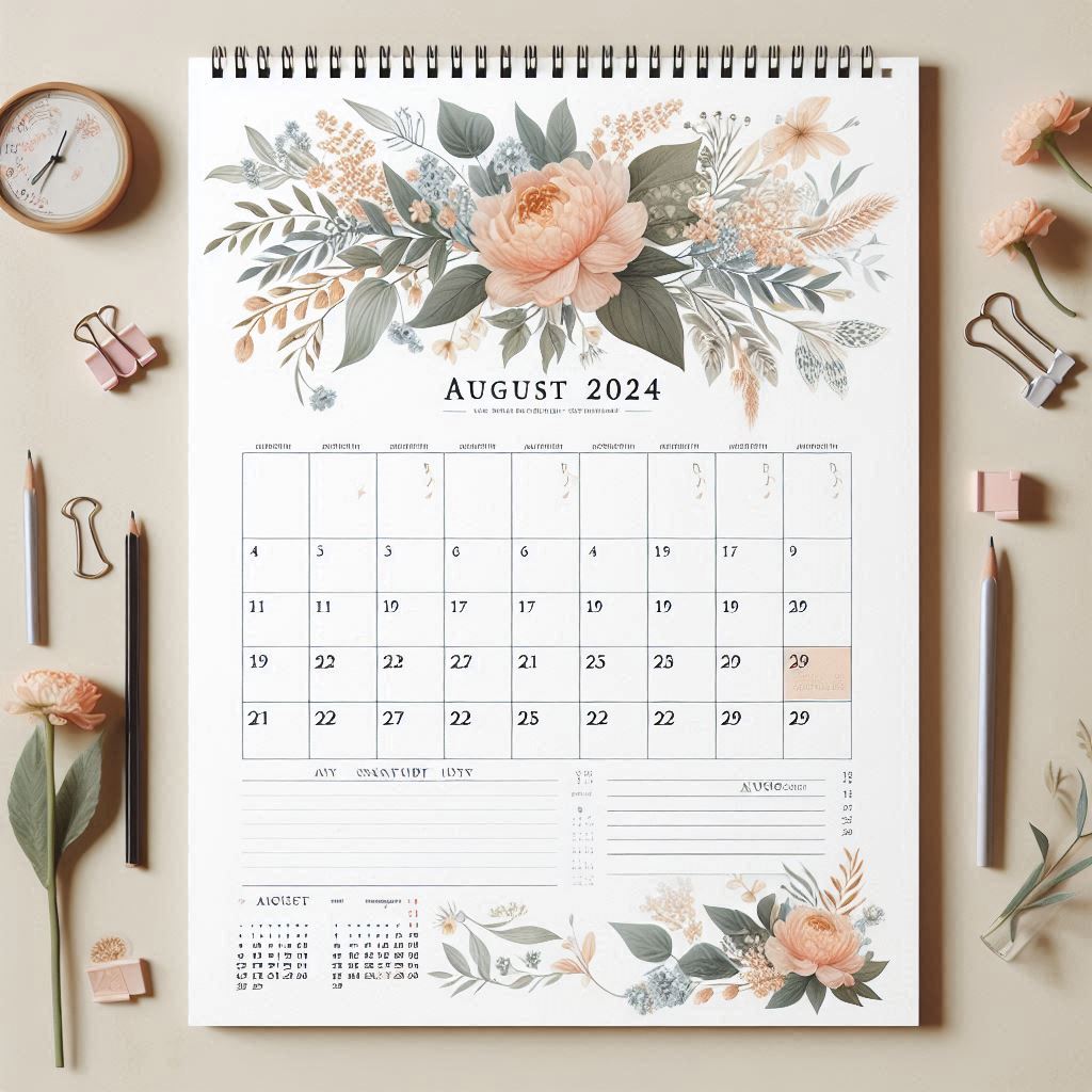 Download Printable Calendar August 2024 with space for notes on each day and a subtle floral design