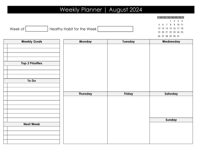 Example of a Weekly Planner Calendar august 2024