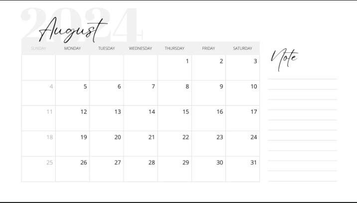 Free August 2024 Calendar Templates for Work, School, and Home with Note