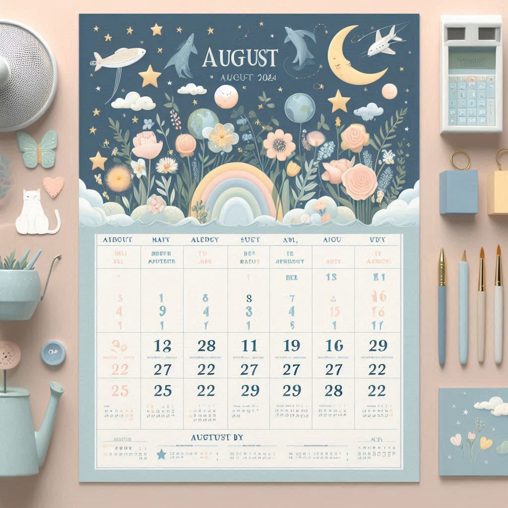 Free Printable August 2024 calendar with holidays and important dates included, using a calming color palette