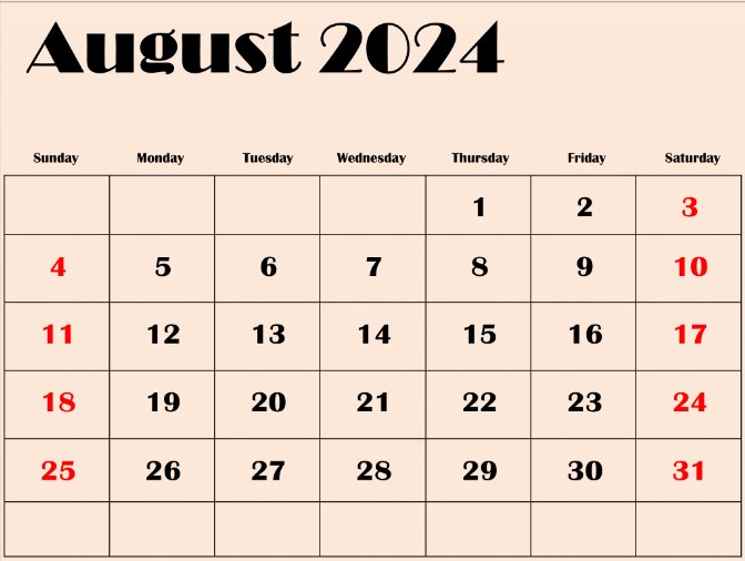 Free download August 2024 Calendar Printable