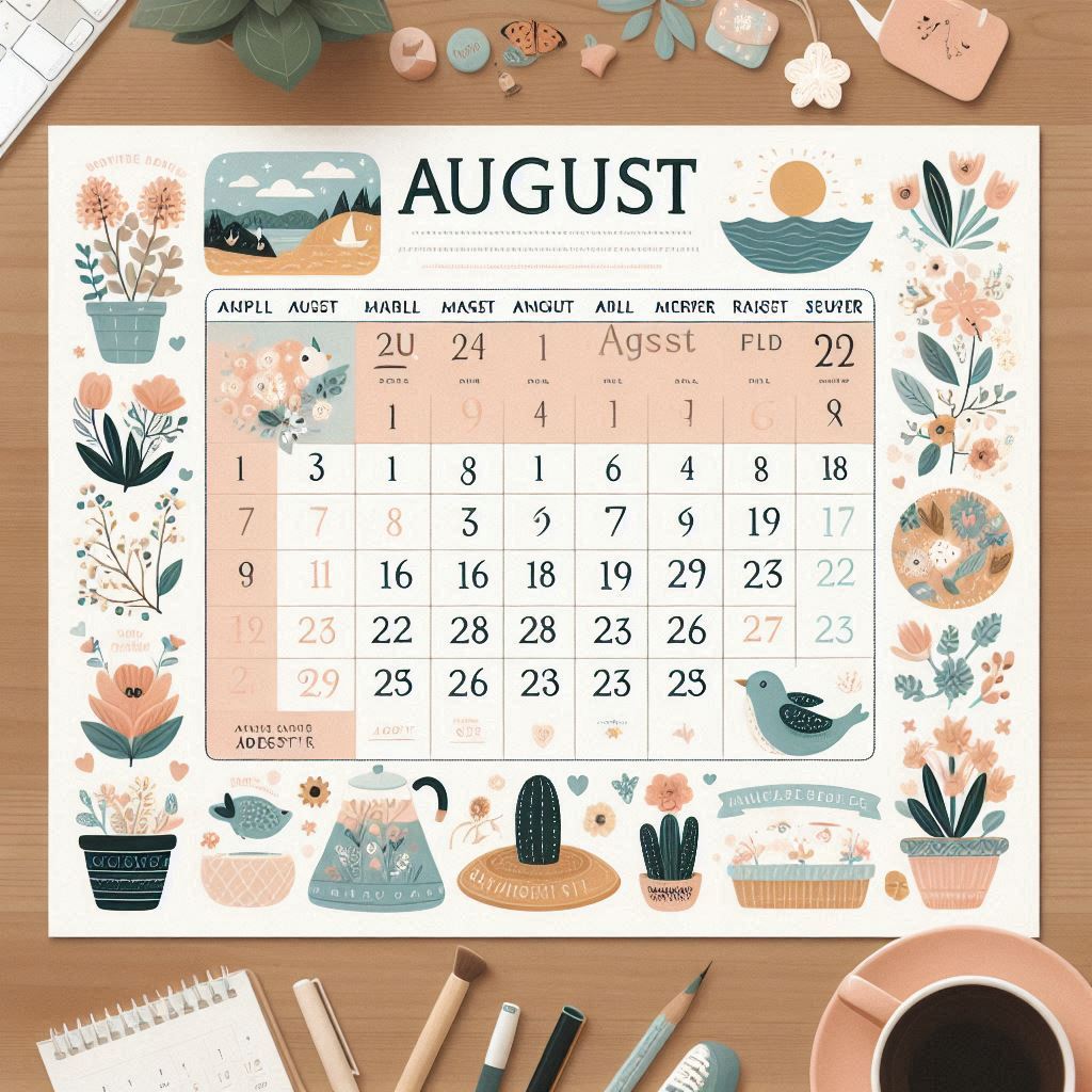 Printable August 2024 calendar with holidays and important dates included, using a calming color palette