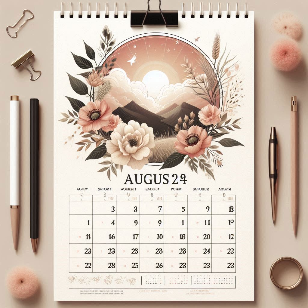 Printable Calendar August 2024 with space for notes on each day and a subtle floral design