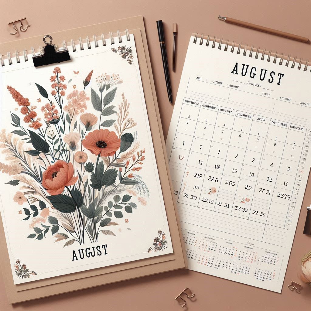 Sample Printable Calendar August 2024 with space for notes on each day and a subtle floral design