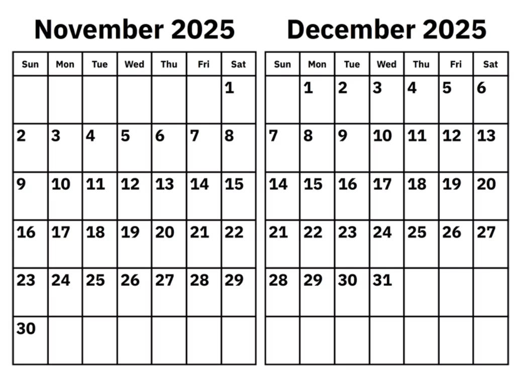 2 month November–December 2025 calendar with notes section