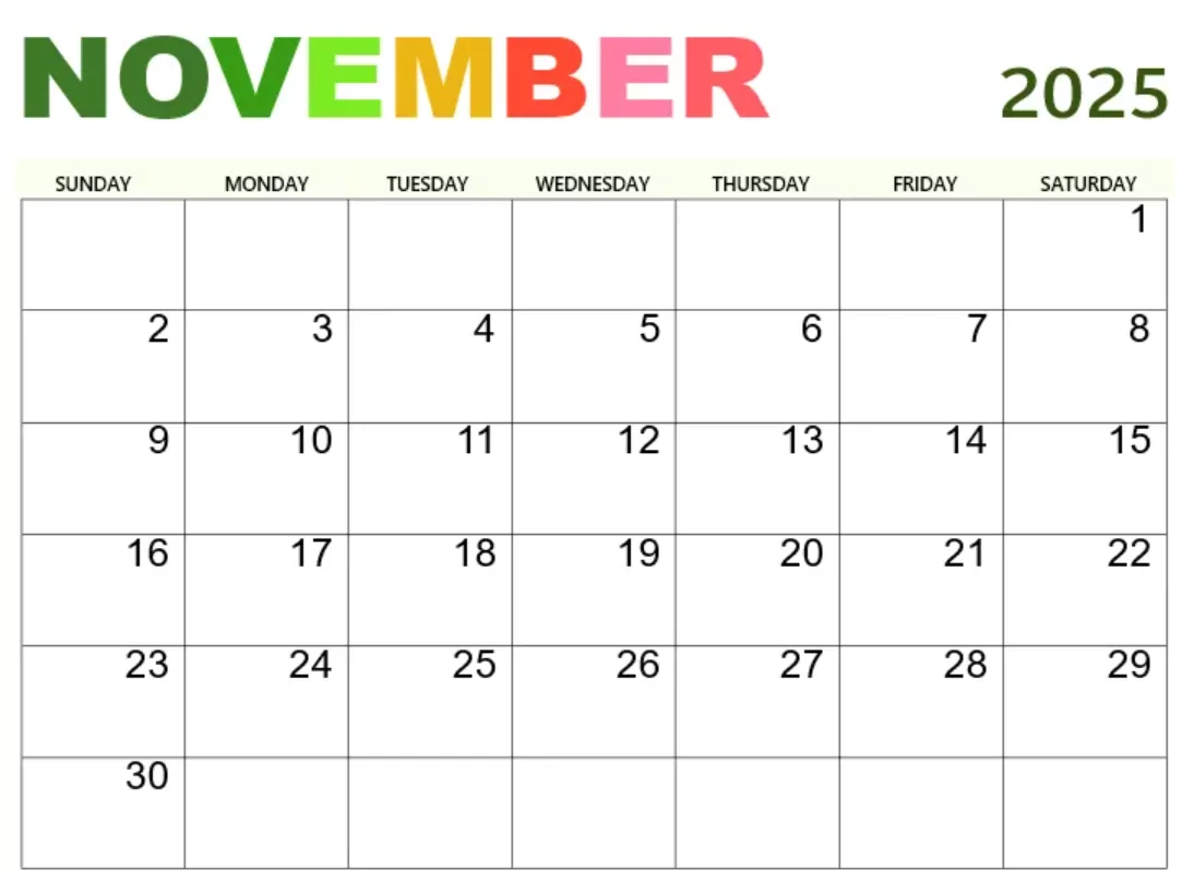 Editable November 2025 calendar template for work and home