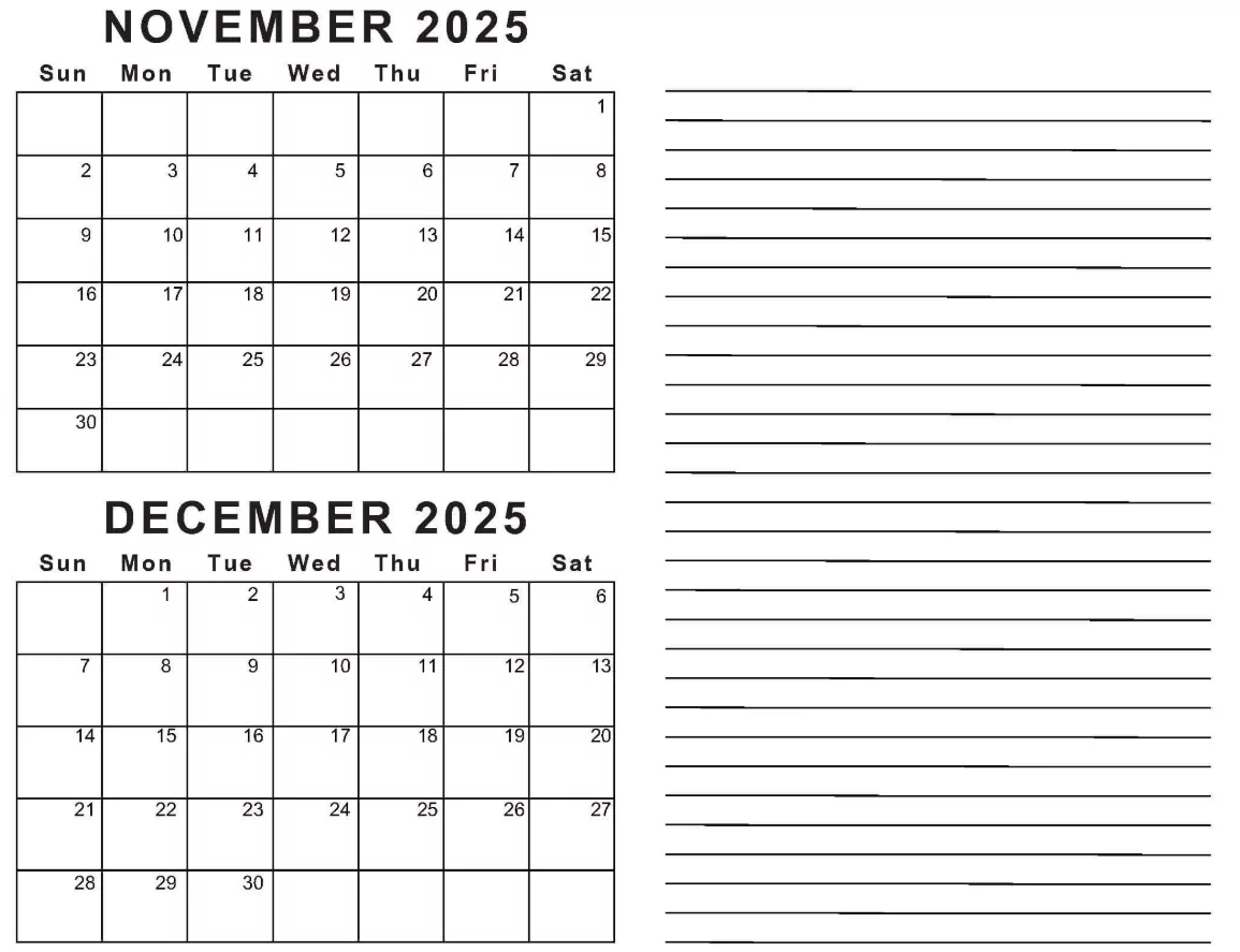 Editable November–December 2025 planner for holidays and work planning
