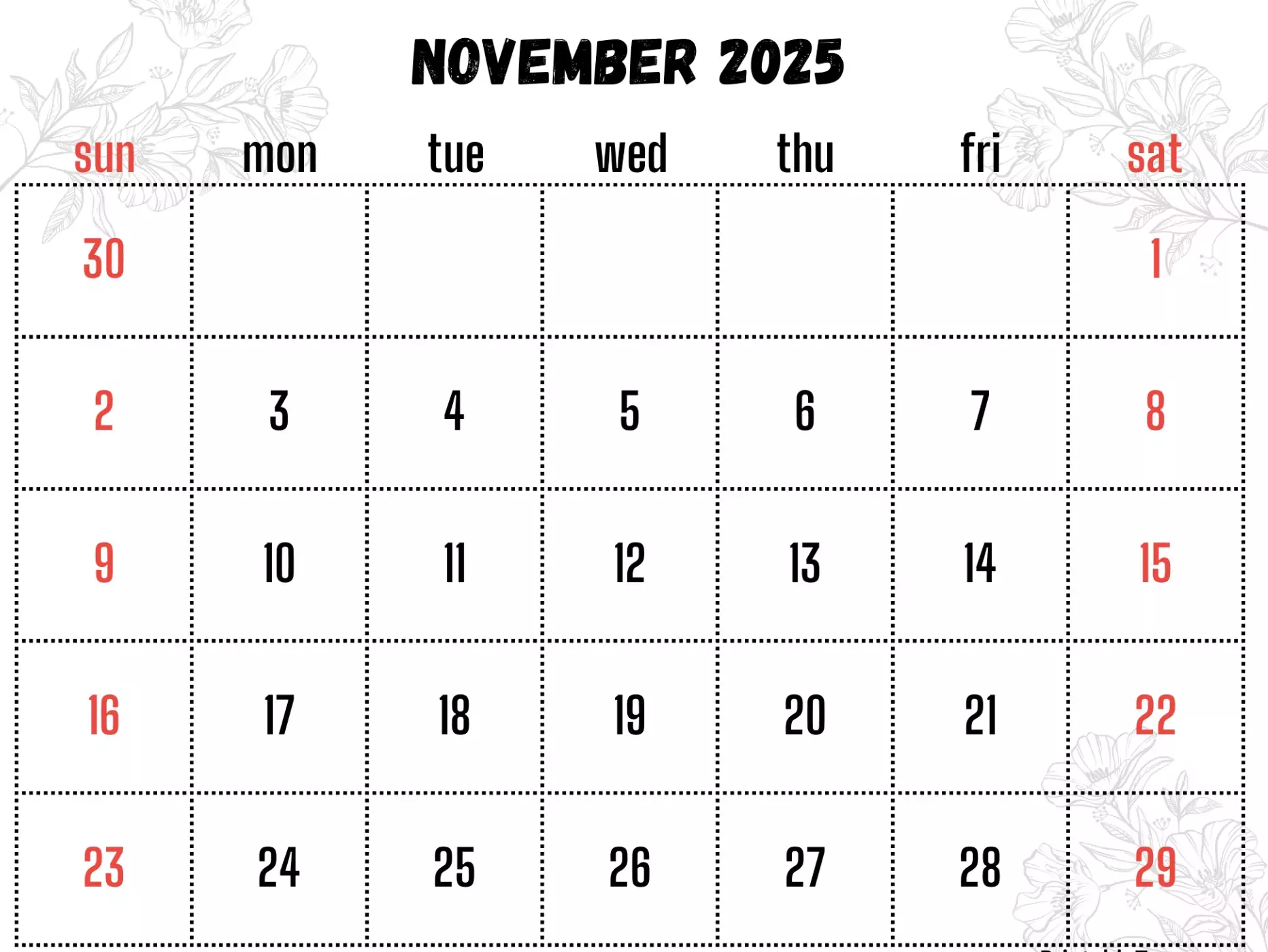 Free November 2025 calendar PNG with clean layout