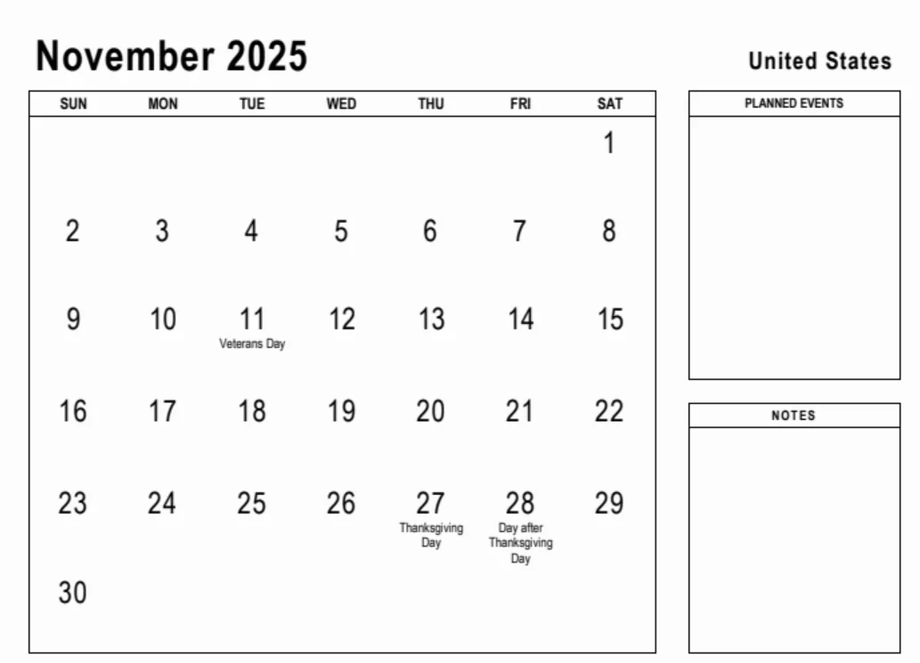 Free printable November 2025 calendar with U.S. holidays
