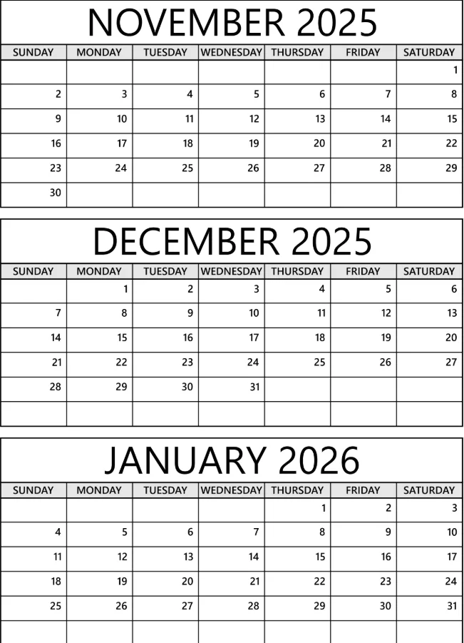 Free printable November and December 2025 calendar in landscape layout