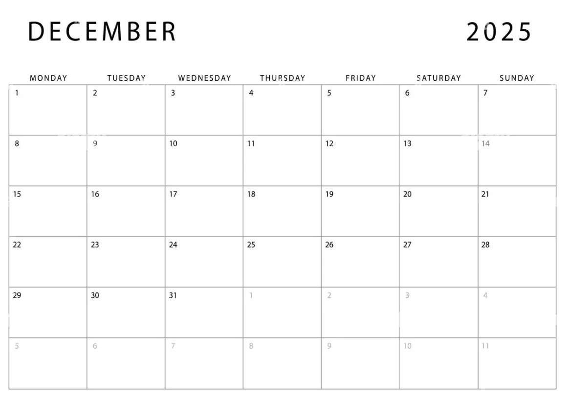 Minimalist December 2025 planner page for work, school, and holiday planning