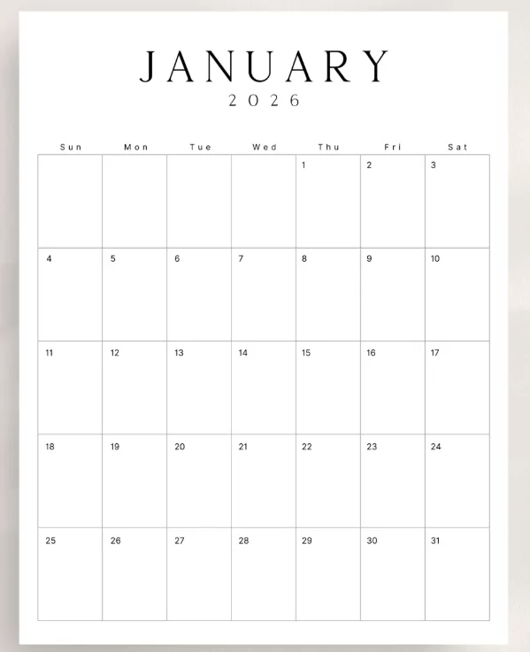 Minimalist January 2026 planner page for work, study, and personal use