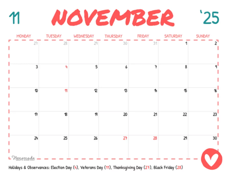 November 2025 calendar with notes and holiday highlights