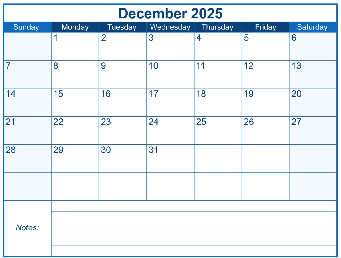 Printable December 2025 calendar template with large boxes and neutral tones