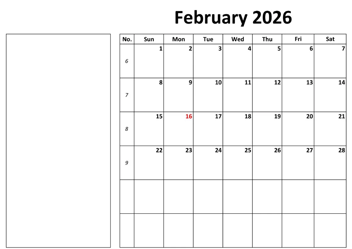Printable February 2026 calendar template with large boxes and clean layout
