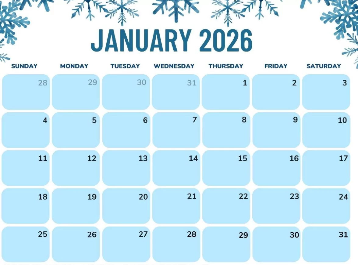 Printable January 2026 calendar template with clean black and white design
