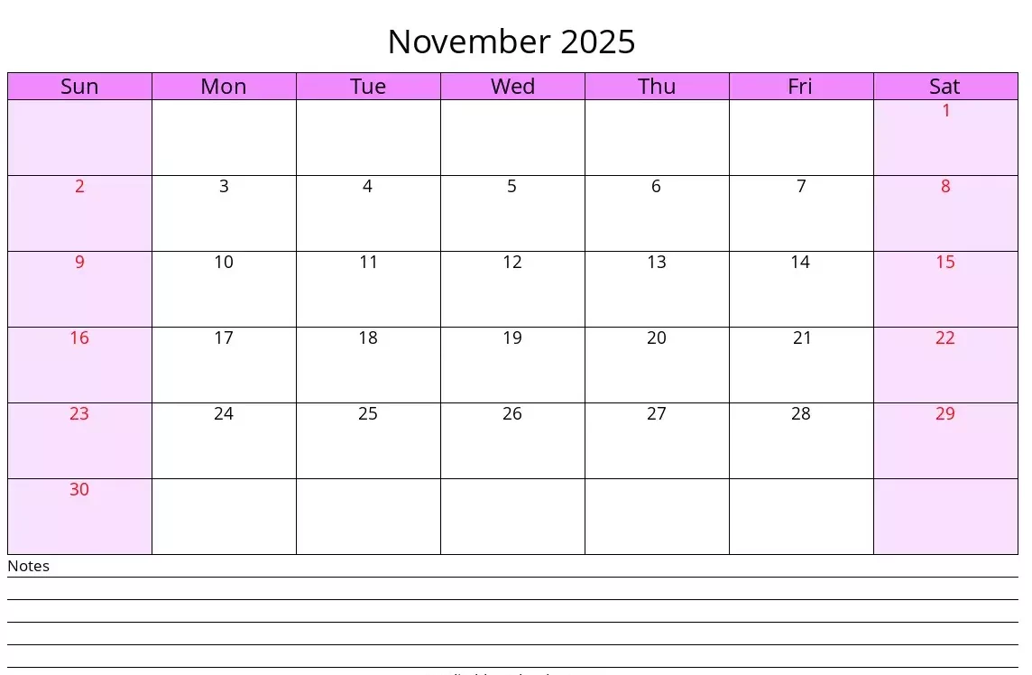 Printable November 2025 calendar with sections for study notes and exam dates