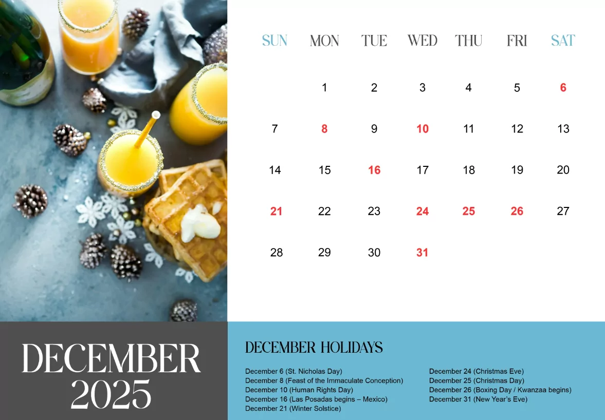 Simple December 2025 calendar in minimalist layout with clean grid