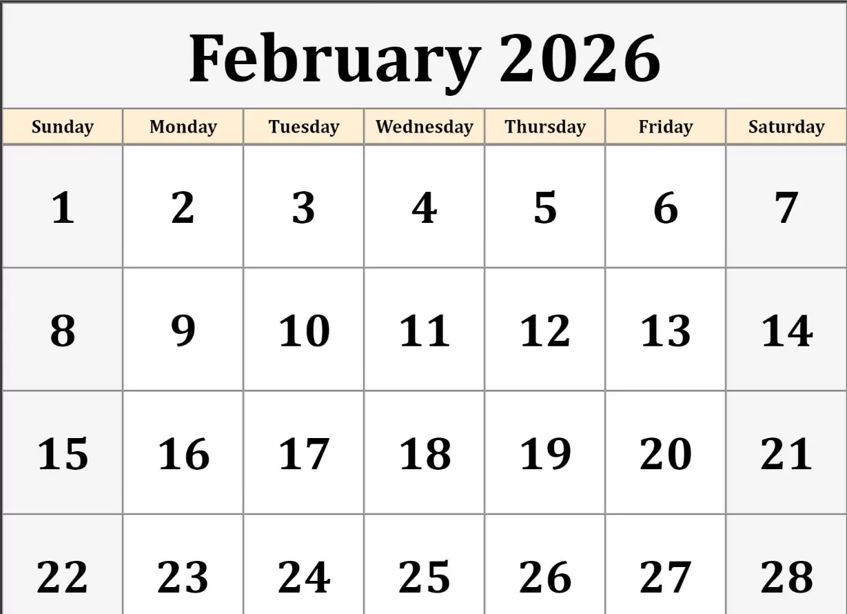 Simple February 2026 calendar in minimalist black and white design
