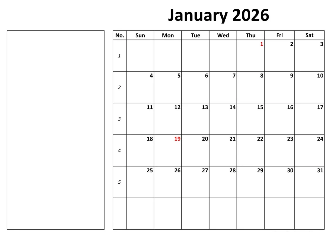 Simple January 2026 calendar with minimalist layout and big boxes