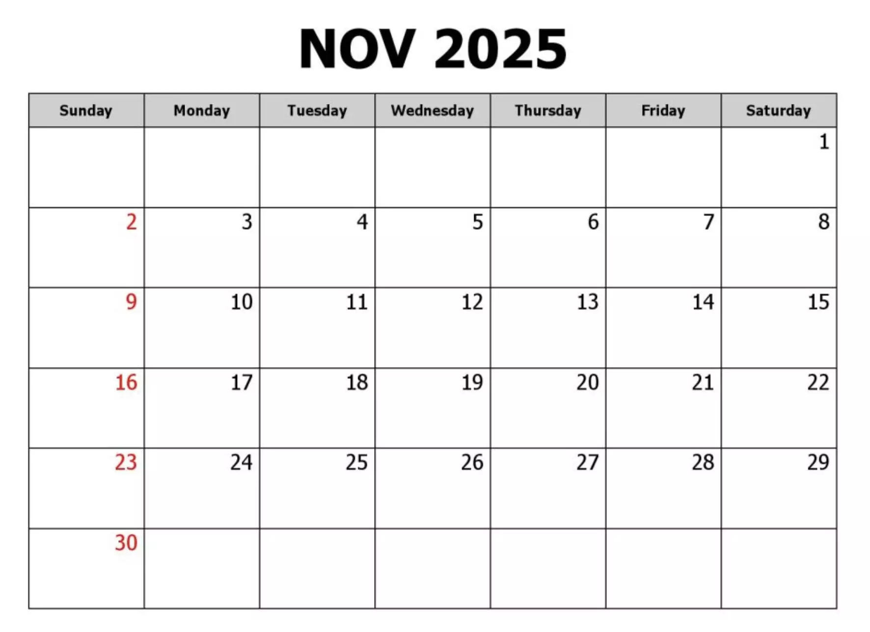 Simple November 2025 calendar printable minimalist design