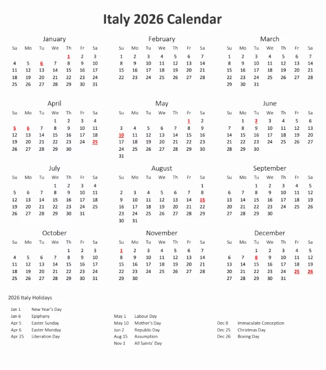 2026 Italy holidays calendar printable overview