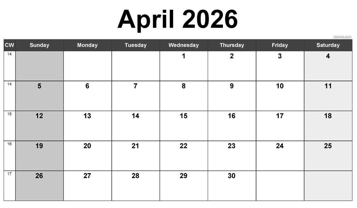 April 2026 calendar printable in black & gold style