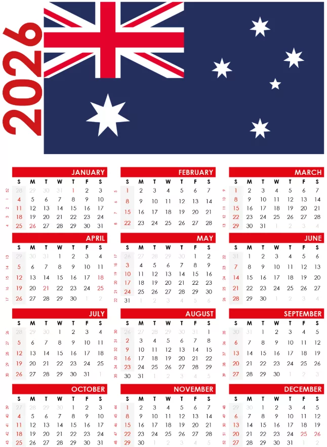 Australia 2026 public holidays list with icons