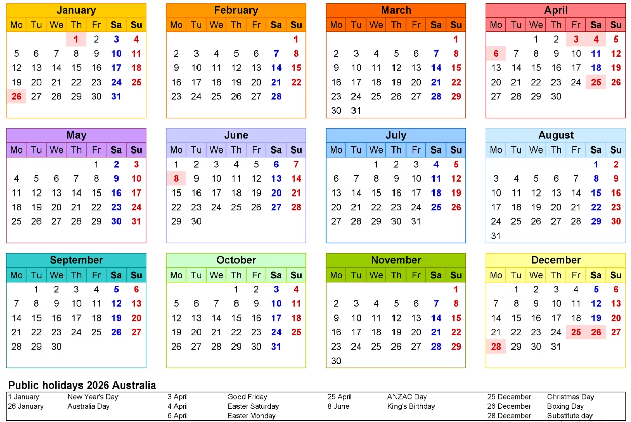 Australia holidays 2026 highlighted on calendar