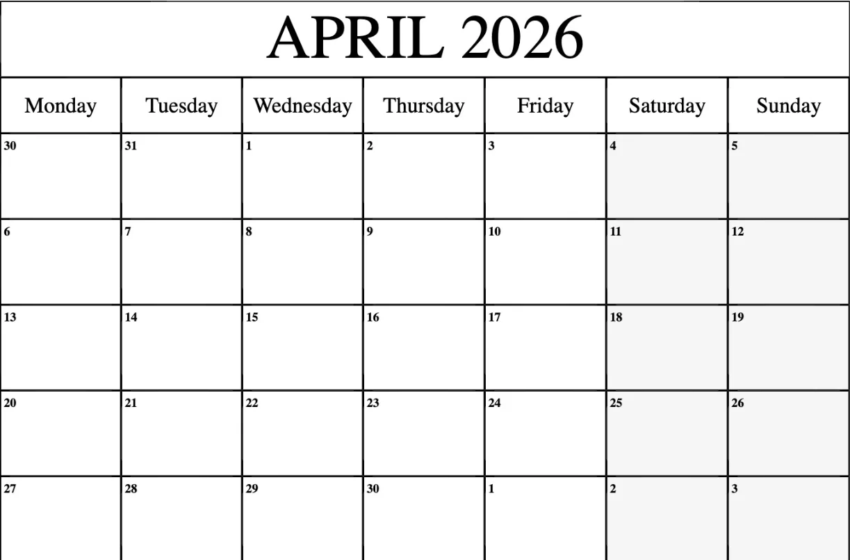 Black & Gold April 2026 calendar, letter size for home and office