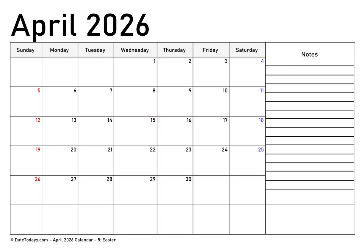 Black & Gold April 2026 calendar with notes section