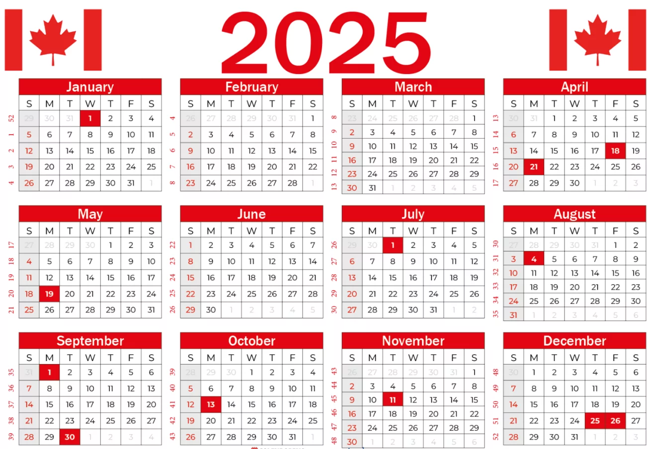 Canada holidays 2026 highlighted on calendar